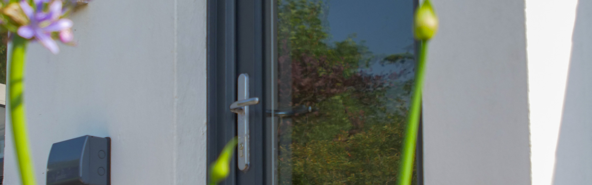 Reflections of flowers in a uPVC Residential Door