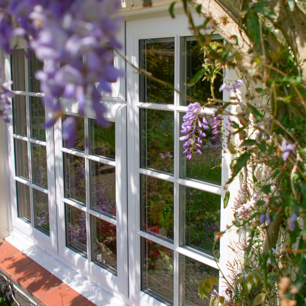 UPVC window surrounded by wisteria