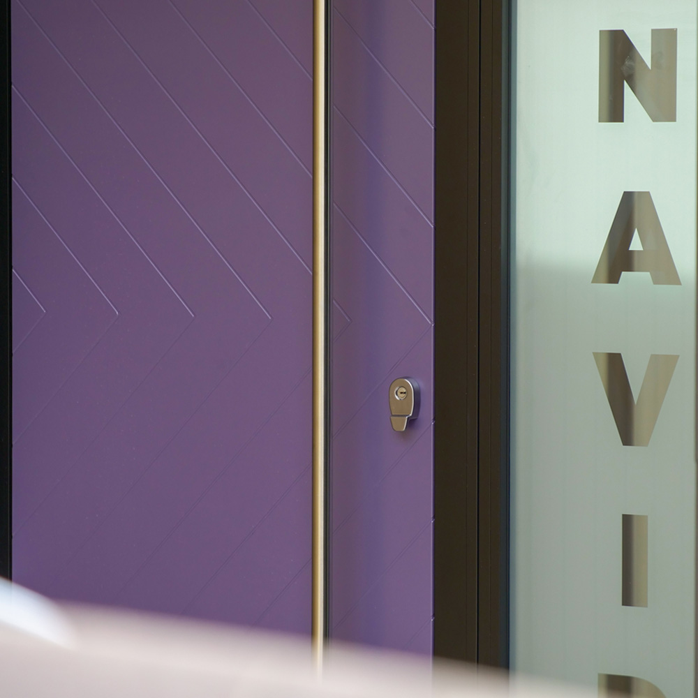 Purple coloured Smarts designer front door and glass payne