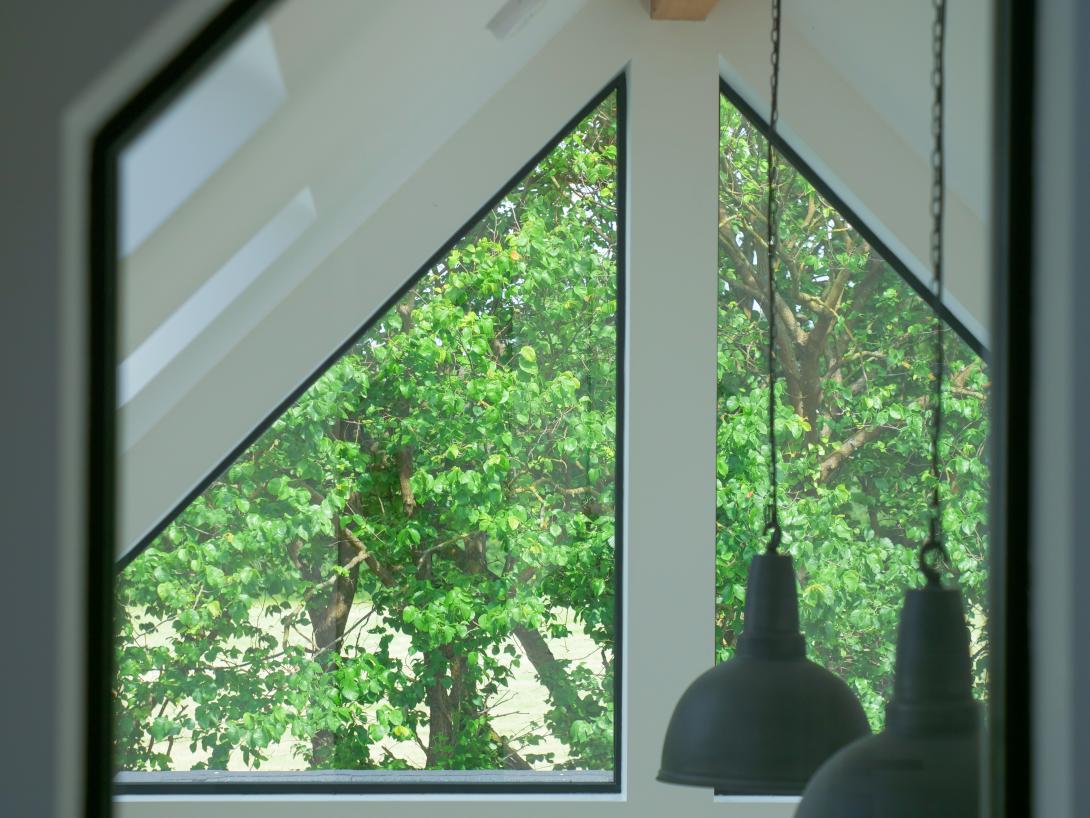 Interior view of triangular gable frame windows